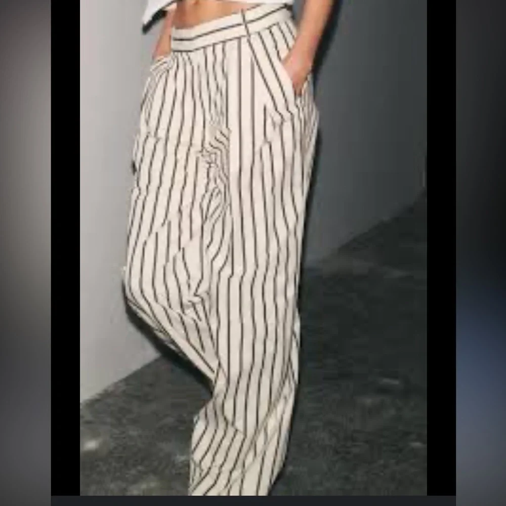 ZARA Striped Women's Pleated Linen Pants Size Large NWT